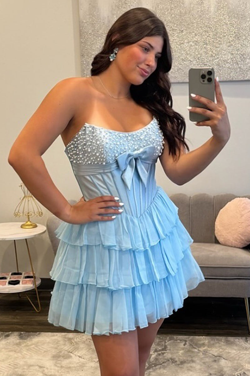 Load image into Gallery viewer, Pink Corset Strapless Tiered Short Ruffled Cocktail Dress with Pearls