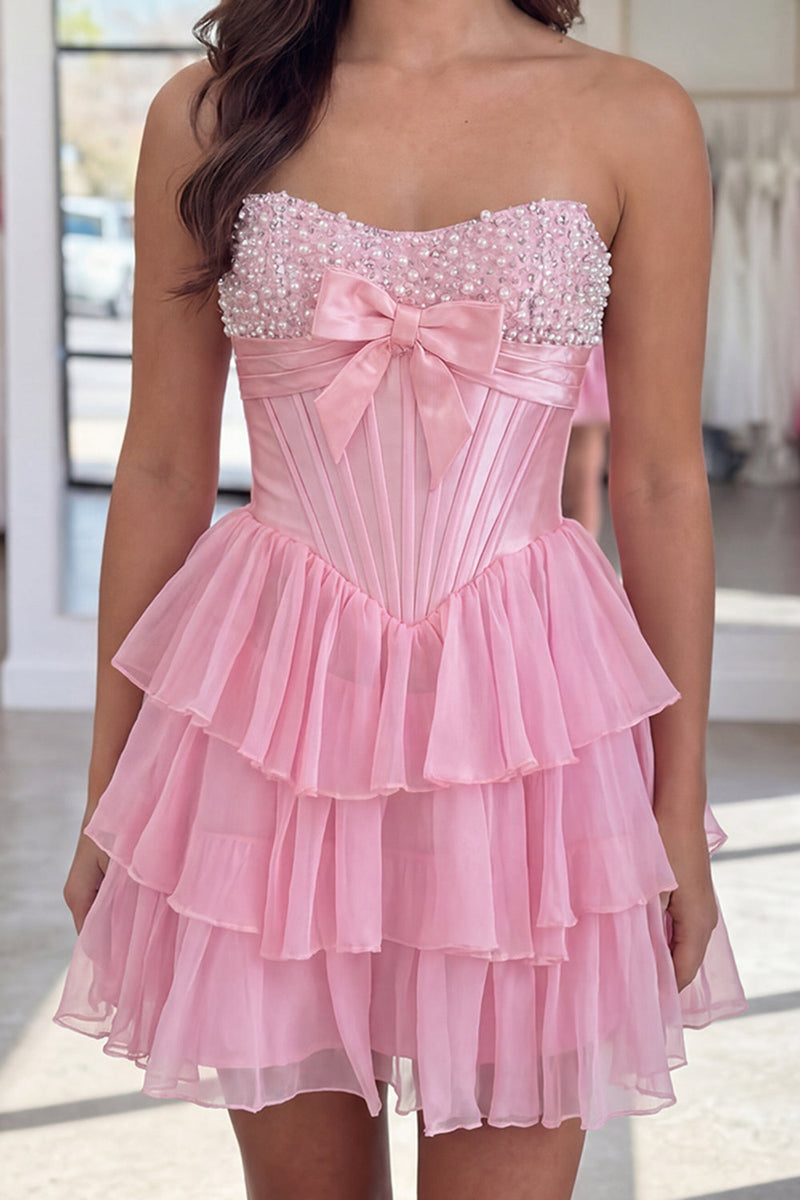 Load image into Gallery viewer, Pink Corset Strapless Tiered Short Ruffled Cocktail Dress with Pearls