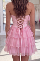 Load image into Gallery viewer, Pink Corset Strapless Tiered Short Ruffled Cocktail Dress with Pearls