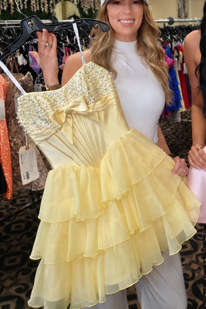Load image into Gallery viewer, Pink Corset Strapless Tiered Short Ruffled Cocktail Dress with Pearls