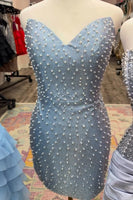 Load image into Gallery viewer, Grey Blue Sweetheart Short Tight Cocktail Dress with Pearls
