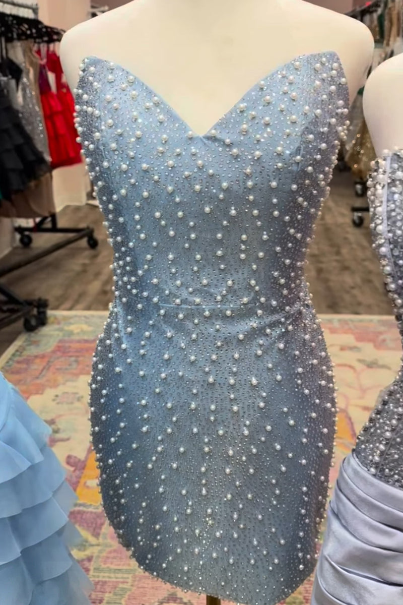 Load image into Gallery viewer, Grey Blue Sweetheart Short Tight Cocktail Dress with Pearls