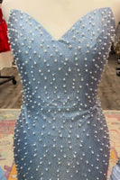 Load image into Gallery viewer, Grey Blue Sweetheart Short Tight Cocktail Dress with Pearls