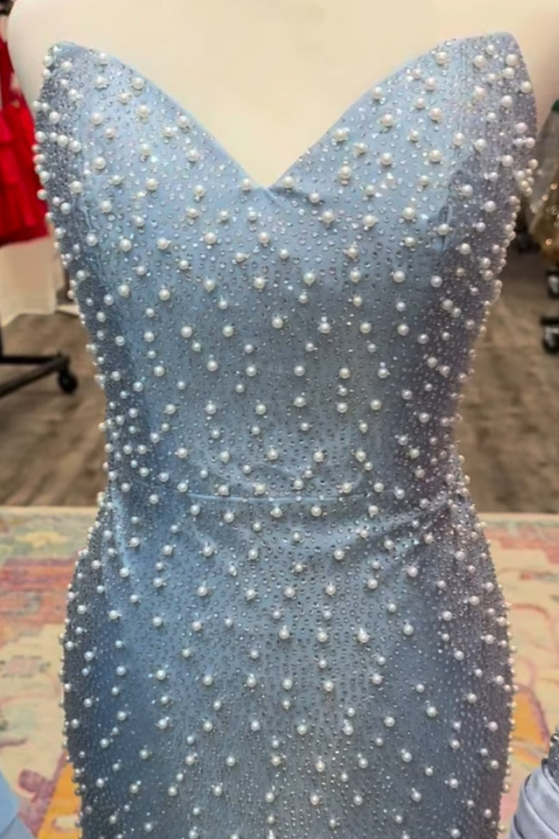 Load image into Gallery viewer, Grey Blue Sweetheart Short Tight Cocktail Dress with Pearls