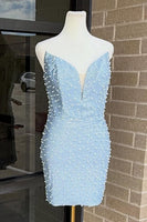 Load image into Gallery viewer, Grey Blue Sweetheart Short Tight Cocktail Dress with Pearls