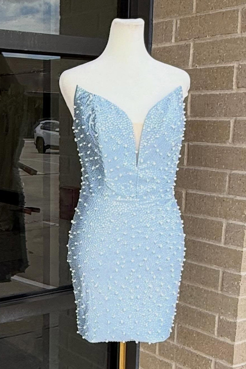 Load image into Gallery viewer, Grey Blue Sweetheart Short Tight Cocktail Dress with Pearls