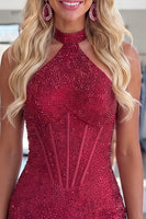 Load image into Gallery viewer, Sparkly Burgundy Halter Beaded Short Corset Tight Cocktail Dress