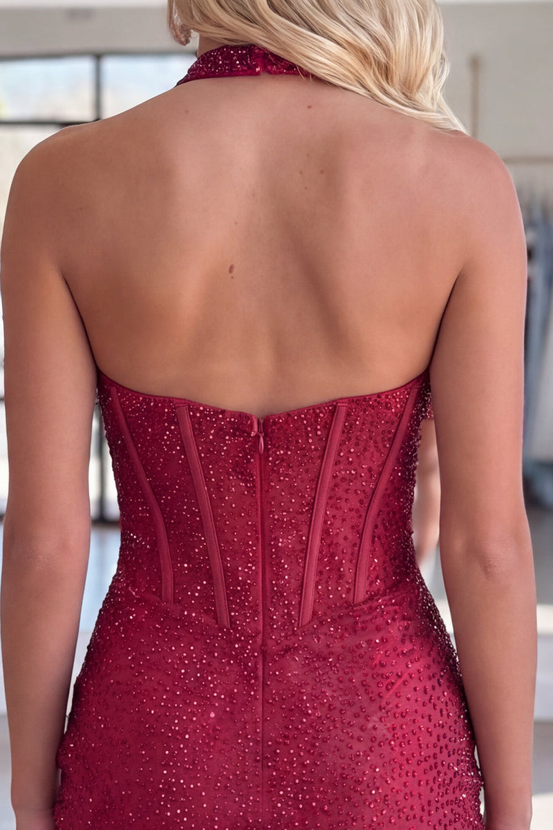 Load image into Gallery viewer, Sparkly Burgundy Halter Beaded Short Corset Tight Cocktail Dress