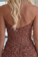 Load image into Gallery viewer, Floral Sparkly Coffee Corset Strapless Short Lace Tight Cocktail Dress