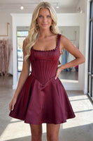 Load image into Gallery viewer, Burgundy Sparkly Short Corset A Line Cocktail Dress with Pearls