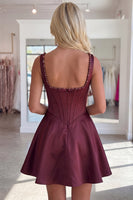 Load image into Gallery viewer, Burgundy Sparkly Short Corset A Line Cocktail Dress with Pearls
