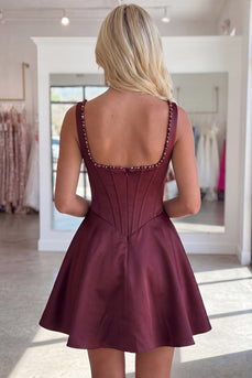 Burgundy Sparkly Short Corset A Line Cocktail Dress with Pearls