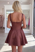 Load image into Gallery viewer, Burgundy Sparkly Short Corset A Line Cocktail Dress with Pearls