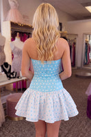 Load image into Gallery viewer, Blue and White Polka Dots A-Line Strapless Short Cocktail Dress with Bow