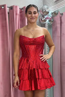 Load image into Gallery viewer, Sparkly Beaded Green Corset Strapless Short A Line Ruffled Cocktail Dress