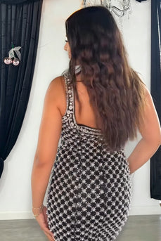 Black Sparkly Beaded Square Neck Short Cocktail Dress with Pearls