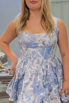 Blue Floral Corset Jacquard Short Cocktail Dress