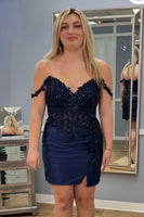 Load image into Gallery viewer, Navy Sparkly Appliqued Short Cocktail Dress with Slit
