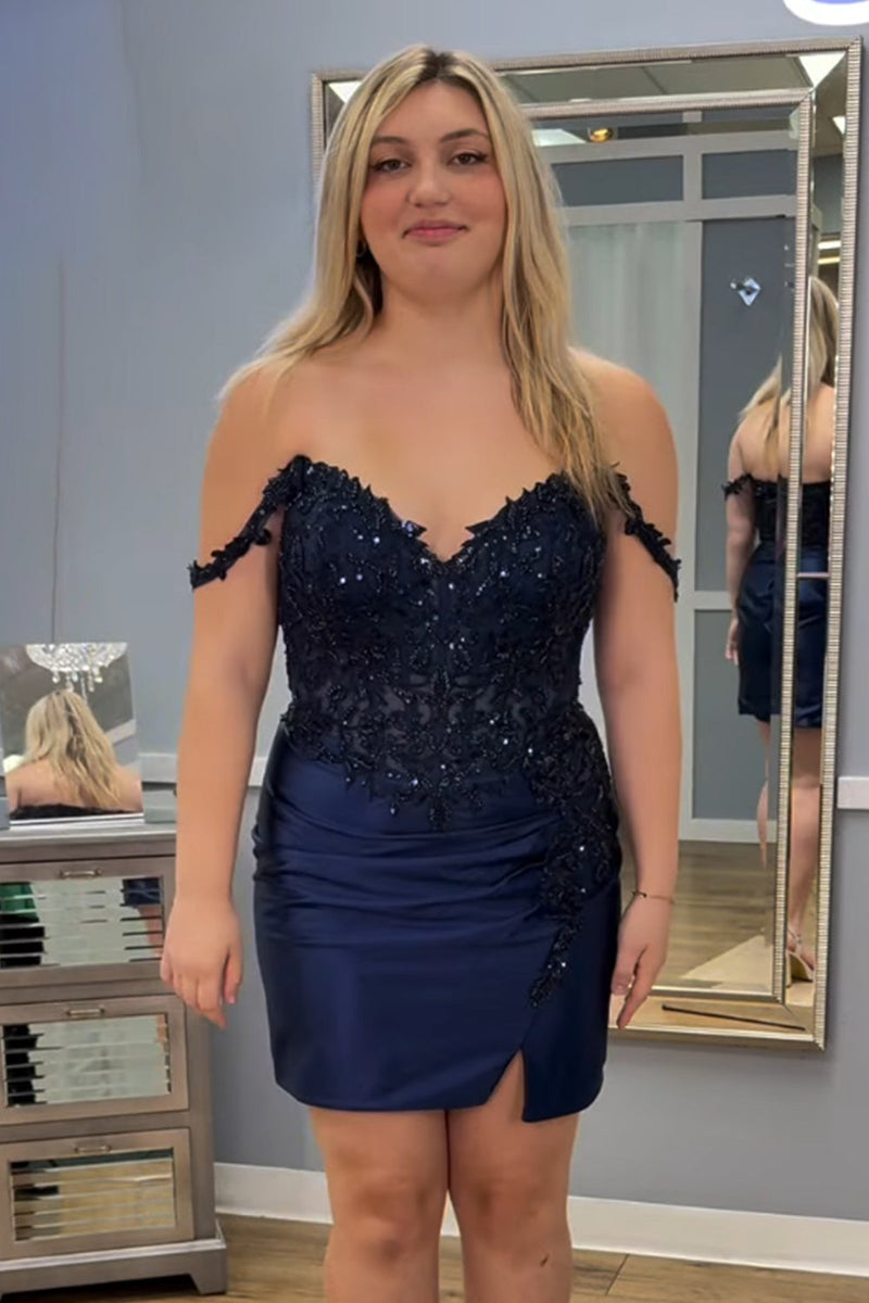 Load image into Gallery viewer, Navy Sparkly Appliqued Short Cocktail Dress with Slit