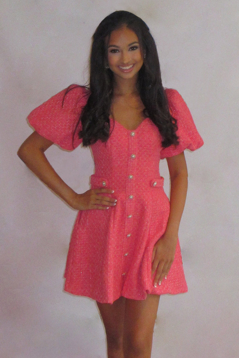Load image into Gallery viewer, Coral Tweed V-Neck A Line Short Cocktail Dress