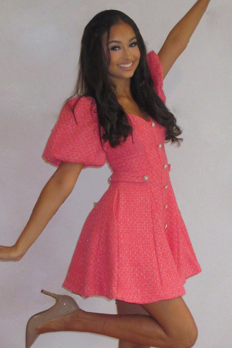 Load image into Gallery viewer, Coral Tweed V-Neck A Line Short Cocktail Dress