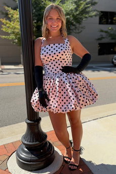 Pink and Black Polka Dots Halter A Line Short Cocktail Dress
