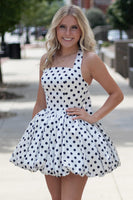 Load image into Gallery viewer, Pink and Black Polka Dots Halter A Line Short Cocktail Dress