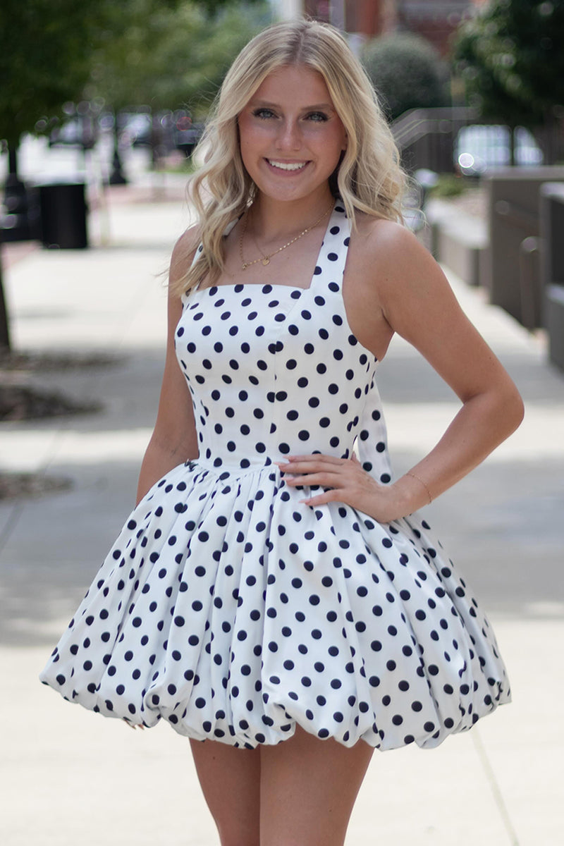 Load image into Gallery viewer, Pink and Black Polka Dots Halter A Line Short Cocktail Dress