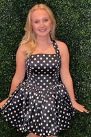 Load image into Gallery viewer, Pink and Black Polka Dots A Line Halter Short Cocktail Dress