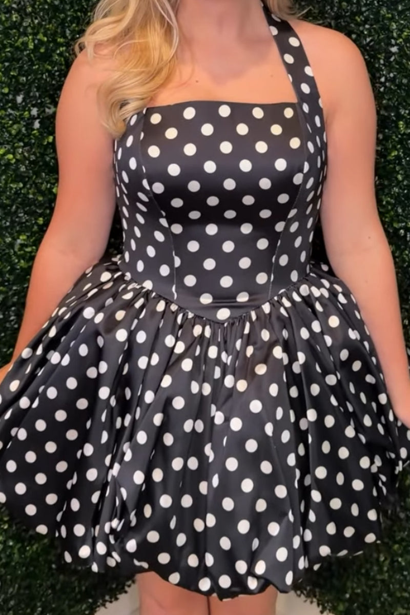 Load image into Gallery viewer, Pink and Black Polka Dots A Line Halter Short Cocktail Dress