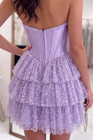 Load image into Gallery viewer, Lilac Sparkly Corset Halter Tiered Ruffled Short Cocktail Dress with Pearls