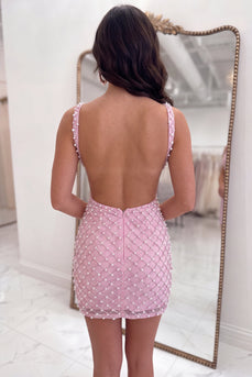 Sparkly Pink Tight Short Cut Out Cocktail Dress with Pearls