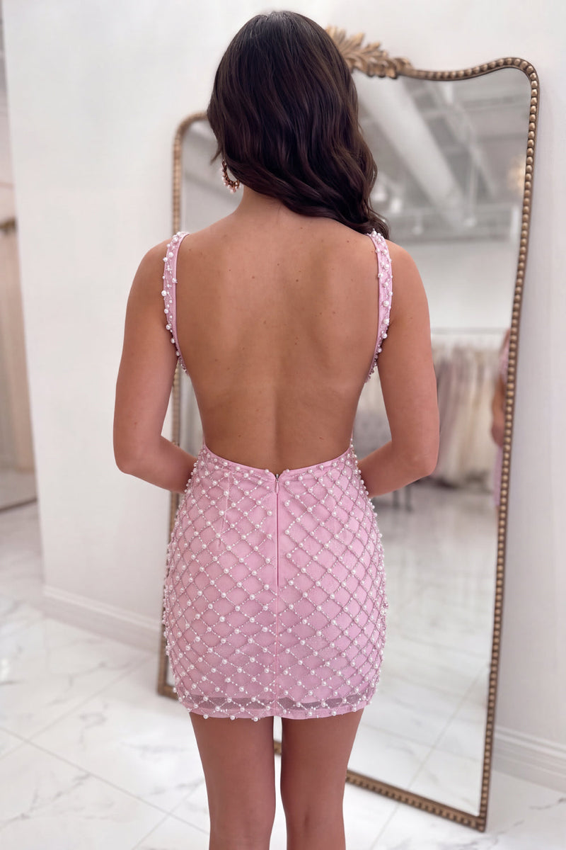 Load image into Gallery viewer, Sparkly Pink Tight Short Cut Out Cocktail Dress with Pearls