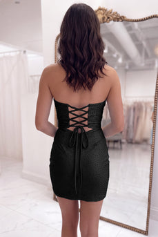 Sparkly Black Cut Out Beaded Strapless Short Cocktail Dress