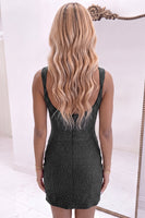 Load image into Gallery viewer, Black Beaded Square Neck Sparkly Tight Short Cocktail Dress with Slit
