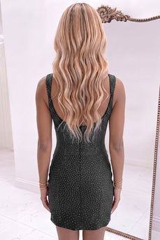 Black Beaded Square Neck Sparkly Tight Short Cocktail Dress with Slit