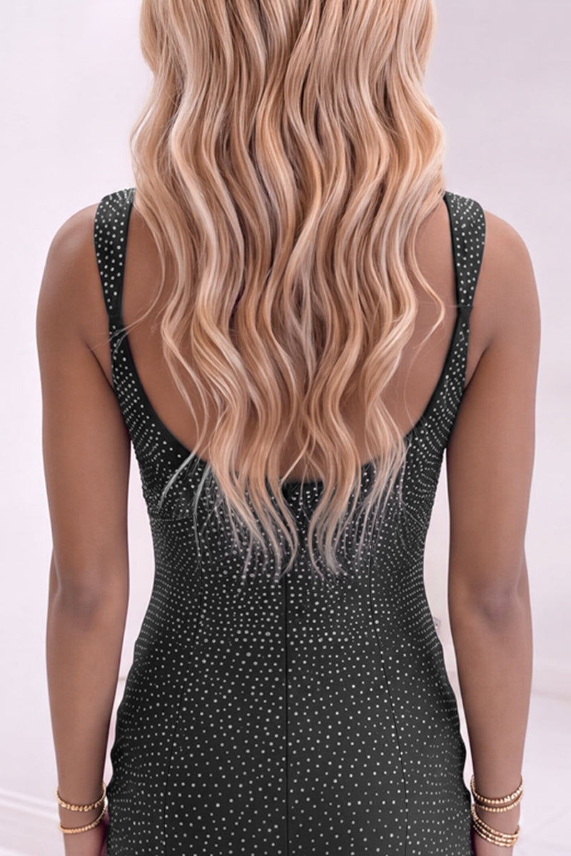Load image into Gallery viewer, Black Beaded Square Neck Sparkly Tight Short Cocktail Dress with Slit