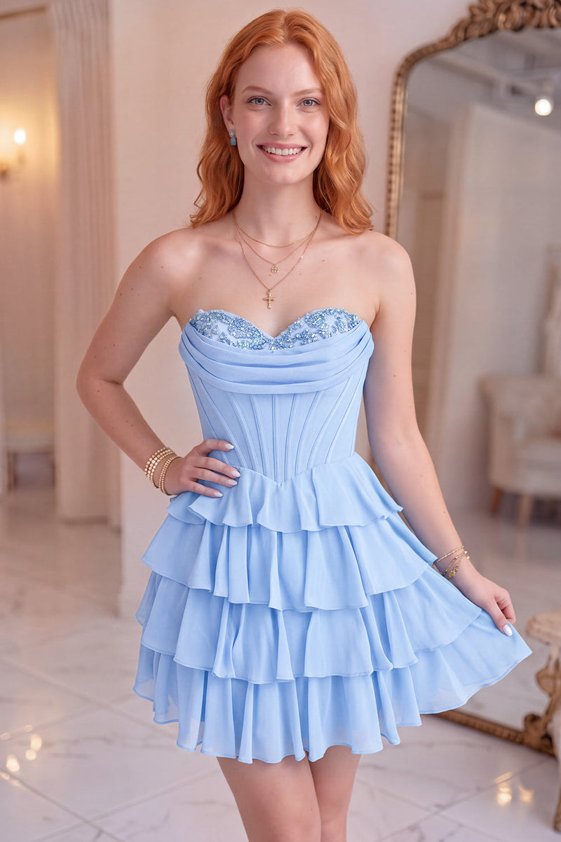 Load image into Gallery viewer, Corset Black Sweetheart Short Ruffled A Line Cocktail Dress