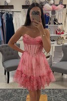 Load image into Gallery viewer, Blue A-Line Strapless Corset Floral Ruffled Short Cocktail Dress