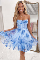 Load image into Gallery viewer, Blue A-Line Strapless Corset Floral Ruffled Short Cocktail Dress