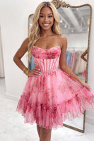 Load image into Gallery viewer, Blue A-Line Strapless Corset Floral Ruffled Short Cocktail Dress