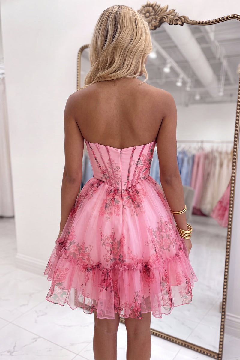 Load image into Gallery viewer, Blue A-Line Strapless Corset Floral Ruffled Short Cocktail Dress