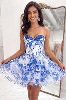 Load image into Gallery viewer, Floral Blue A-Line Corset Ruffled Short Sweetheart Cocktail Dress
