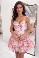 Load image into Gallery viewer, Floral Blue A-Line Corset Ruffled Short Sweetheart Cocktail Dress