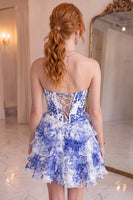 Load image into Gallery viewer, Blue Floral Corset Ruffled Short A-Line Cocktail Dress