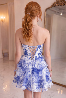 Blue Floral Corset Ruffled Short A-Line Cocktail Dress