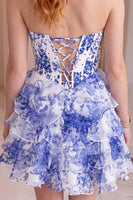 Load image into Gallery viewer, Blue Floral Corset Ruffled Short A-Line Cocktail Dress