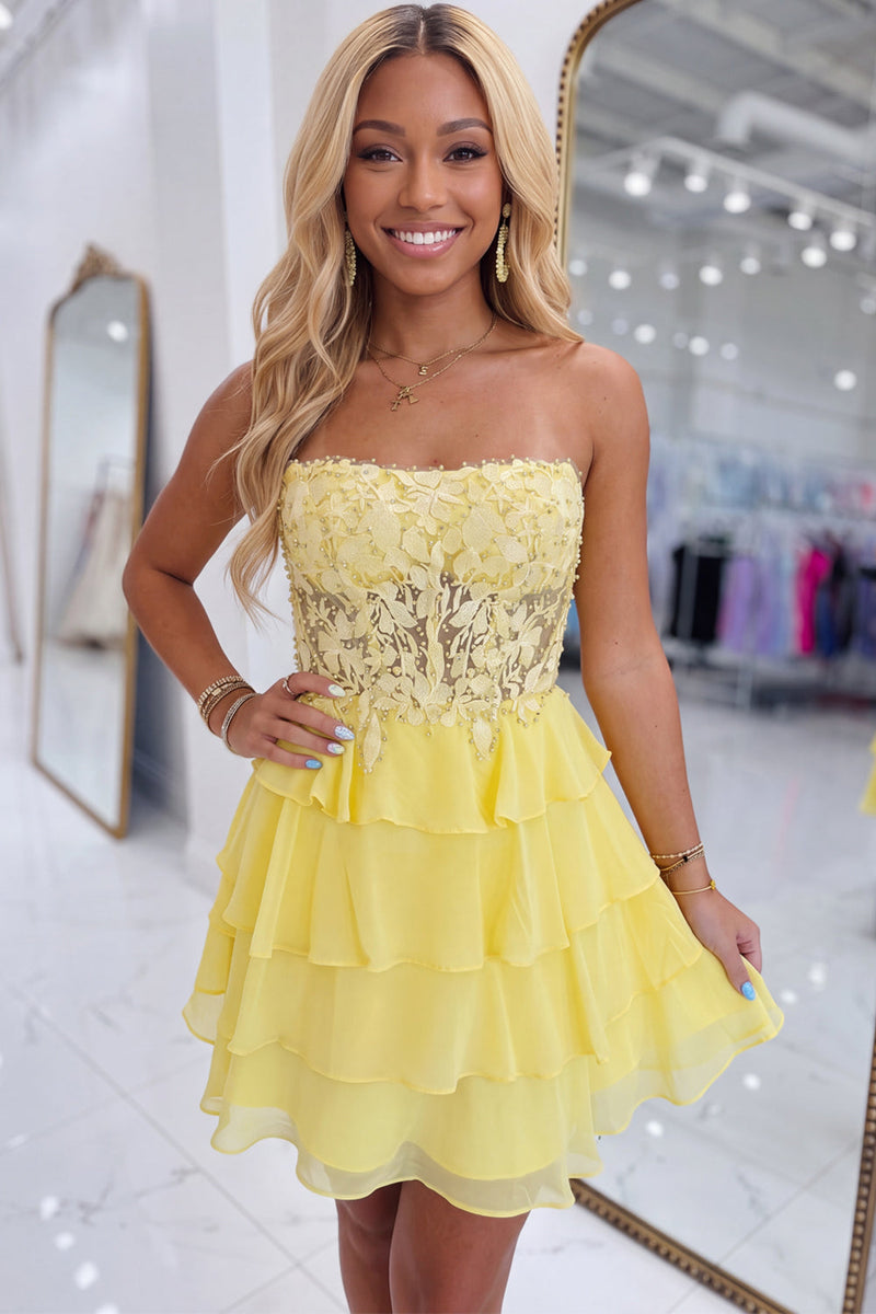 Load image into Gallery viewer, Yellow Floral A-Line Short Ruffled Cocktail Dress with Lace