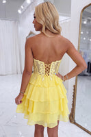 Load image into Gallery viewer, Yellow Floral A-Line Short Ruffled Cocktail Dress with Lace