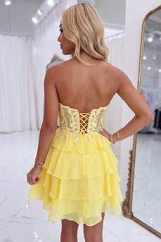 Yellow Floral A-Line Short Ruffled Cocktail Dress with Lace